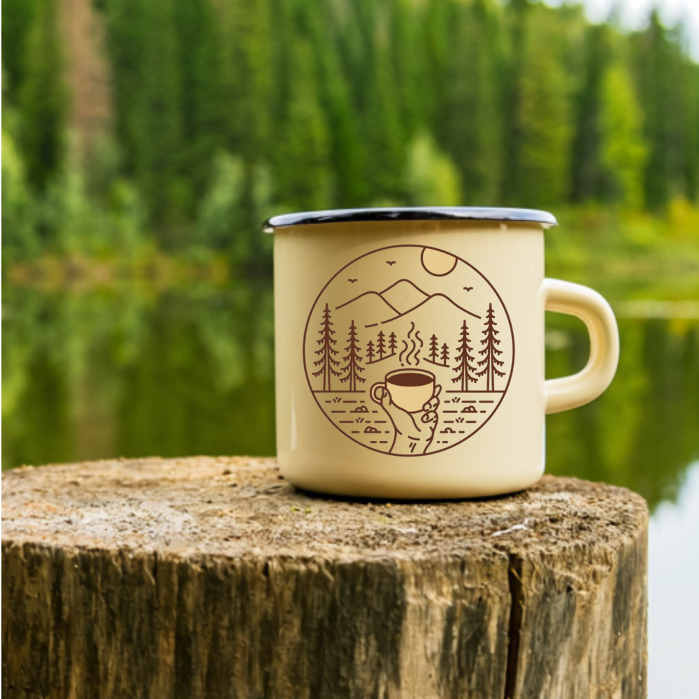 Mountain Forest & Coffee Hand Outdoor Enamel Mug