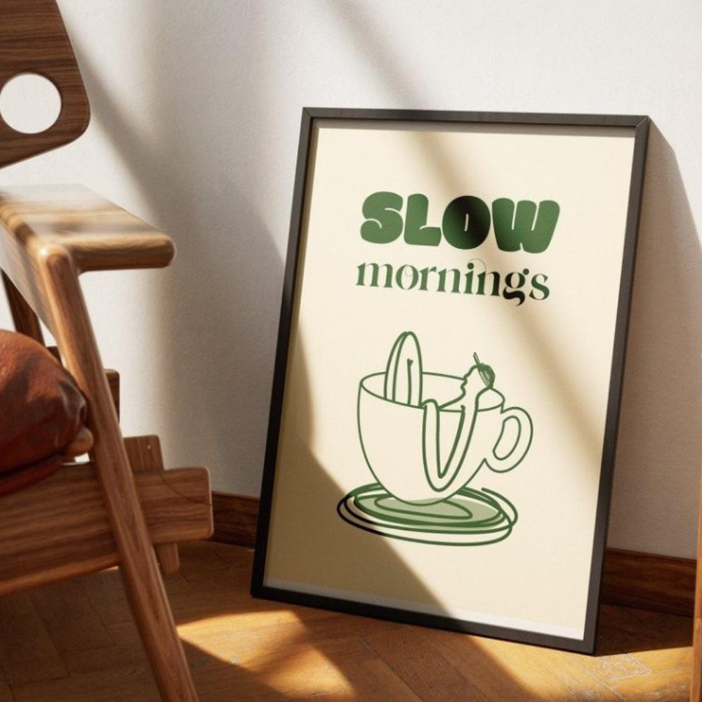 Slow Mornings" Retro Coffee Typography Framed Wall Art Poster
